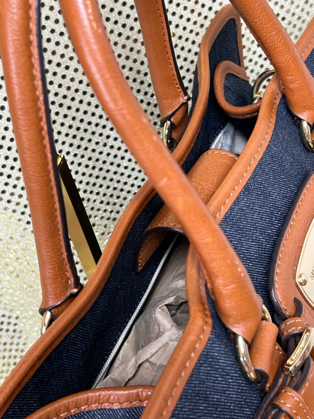 MICHAEL Michael Kors Navy Denim and Brown Leather Tote Approx. 15 x 11 x 4 - Picture 7 of 17